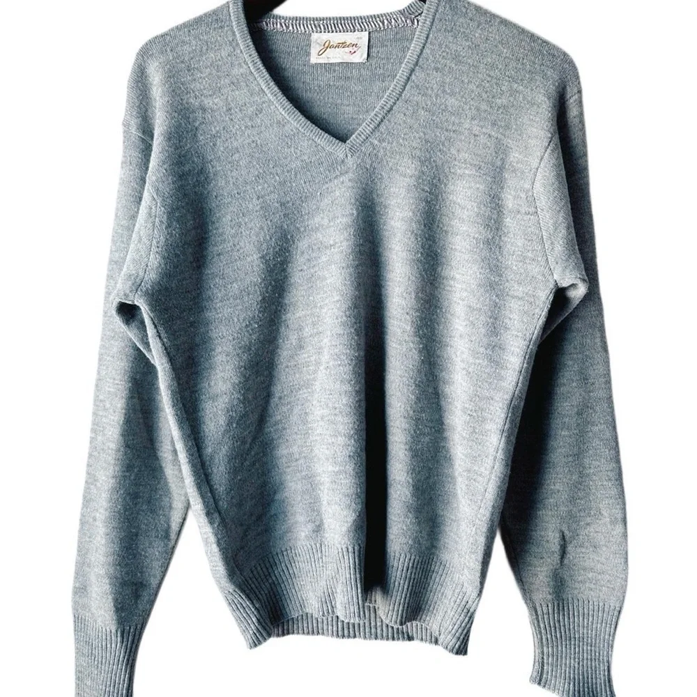 1960s 60s Vintage Jantzen V-Neck Grey Silver Sweater Size 40 M Casual Towncraft - Picture 1 of 6